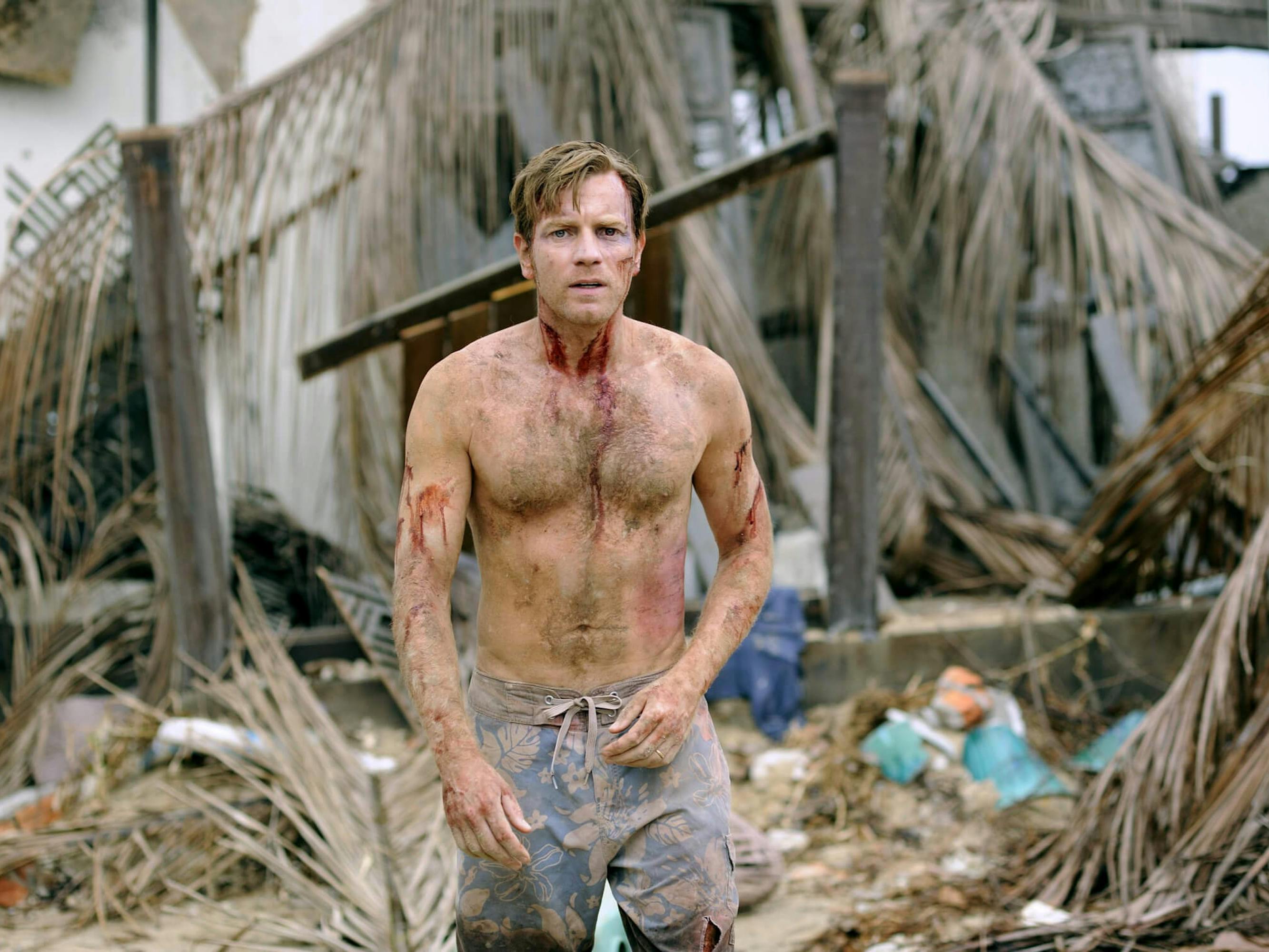Henry (Ewan McGregor) in The Impossible wears a bathing suit, and his bare body is striped with blood and dirt. Dead palm fronds scatter the barren scene.