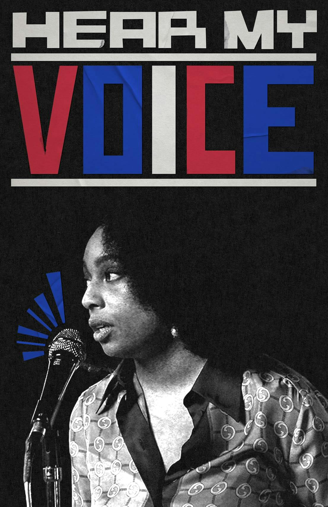 A black and white photo of singer Celeste as she stands at a microphone. The photo is treated in the style of a protest poster with “Hear My Voice” in big letters above her, announcing the title of her song for The Trial of the Chicago 7. 