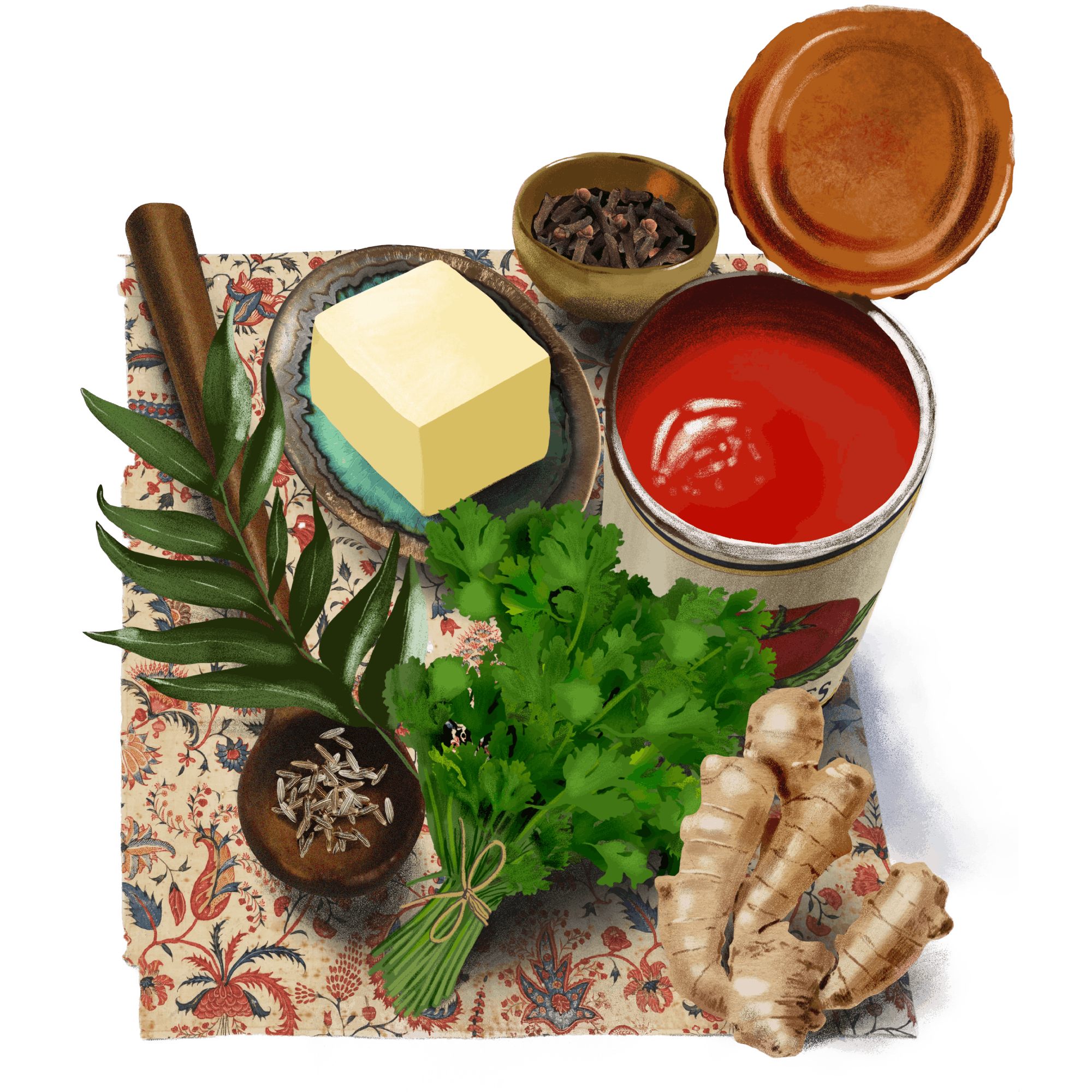 An illustration of the ingredients for Chef Preeti Mistry’s tomato soup, among them a bunch of cilantro, some ginger, a large stick of butter, and canned tomato.