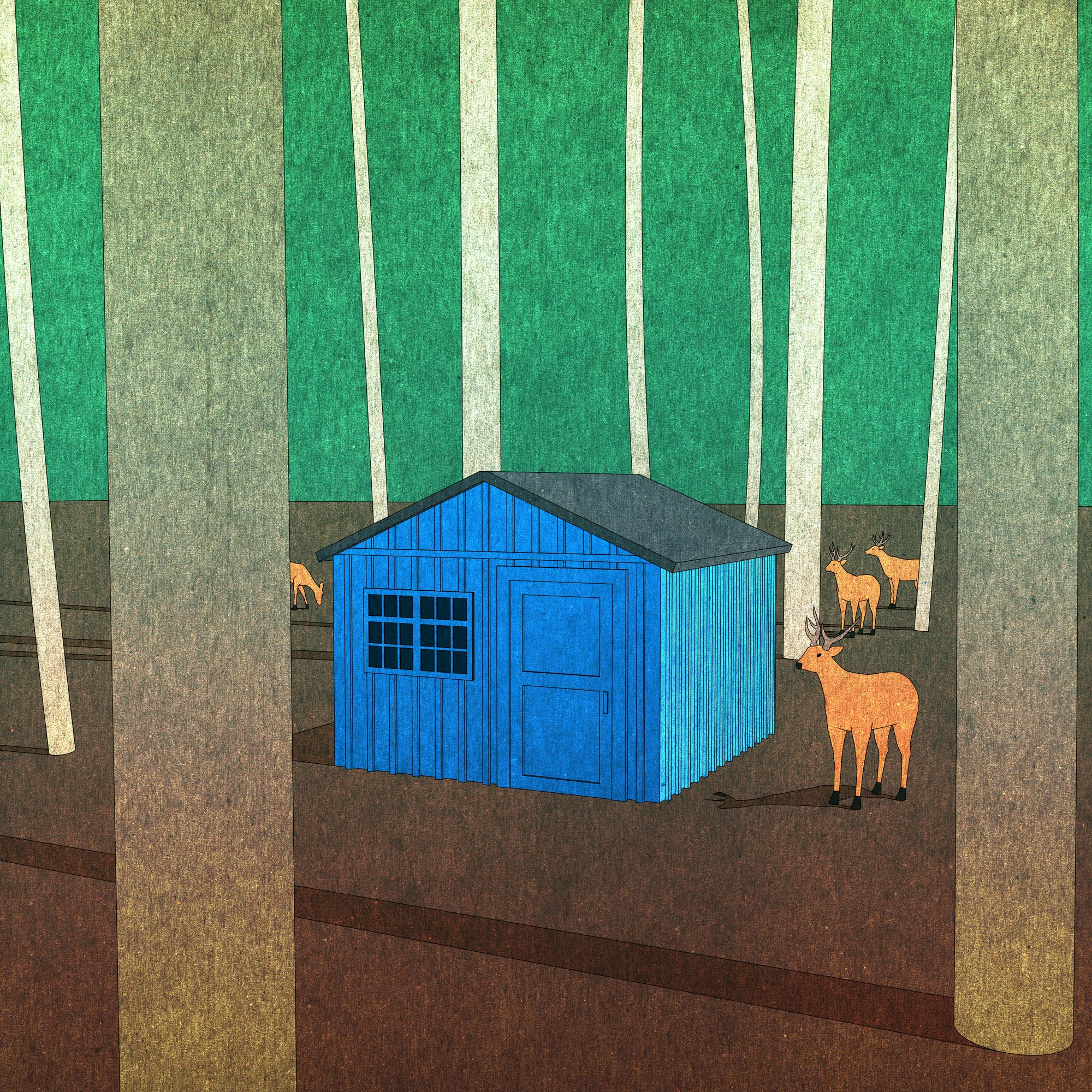 A blue shed in the woods surrounded by a few deer.