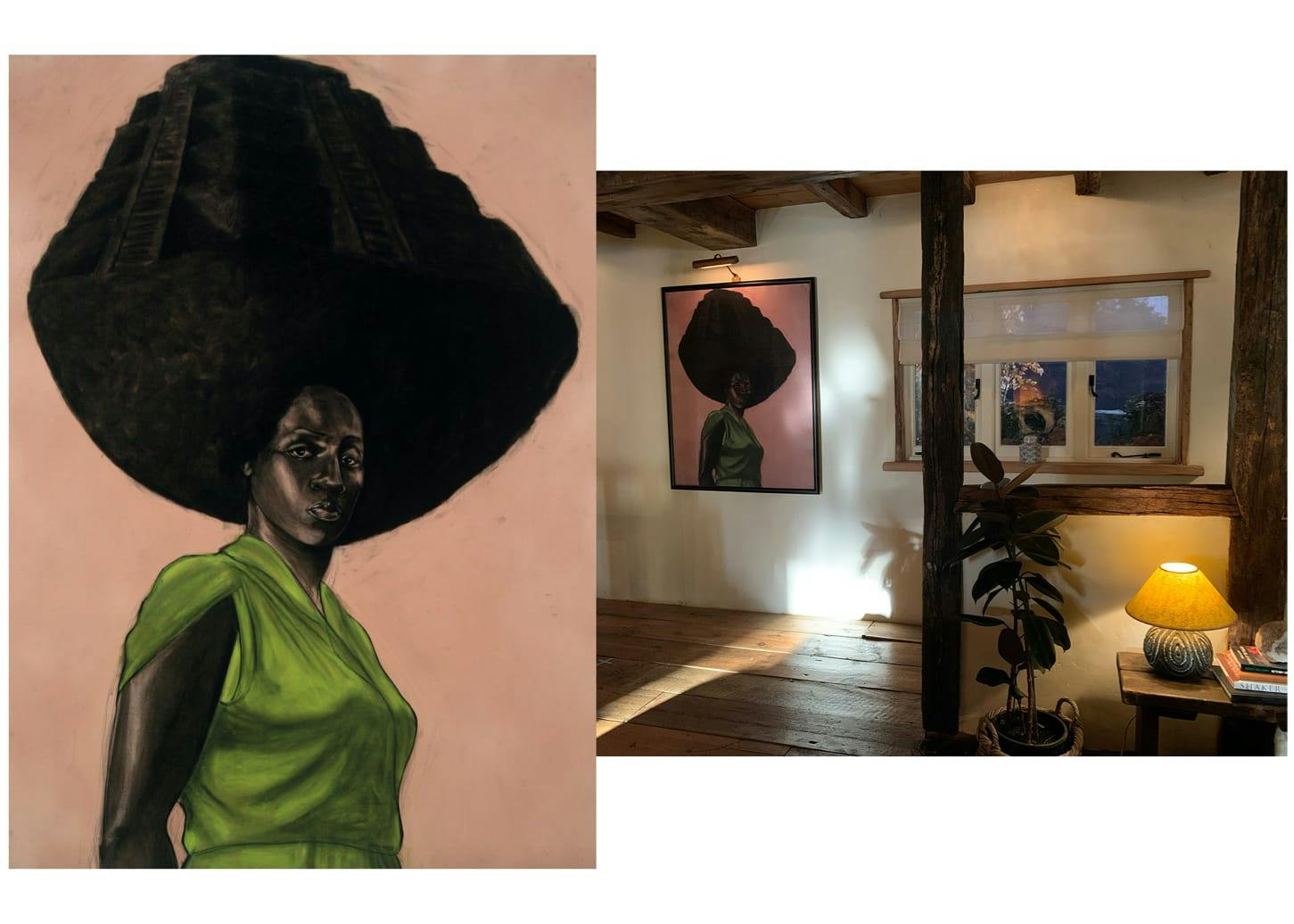 Two images of a piece of artwork, and the artwork where it belongs in the house. The portrait is of a black woman, with a big afro and a green top. In the house it it lit by an overhead lamp in a room with wood floors, a window, plants, and lamps.