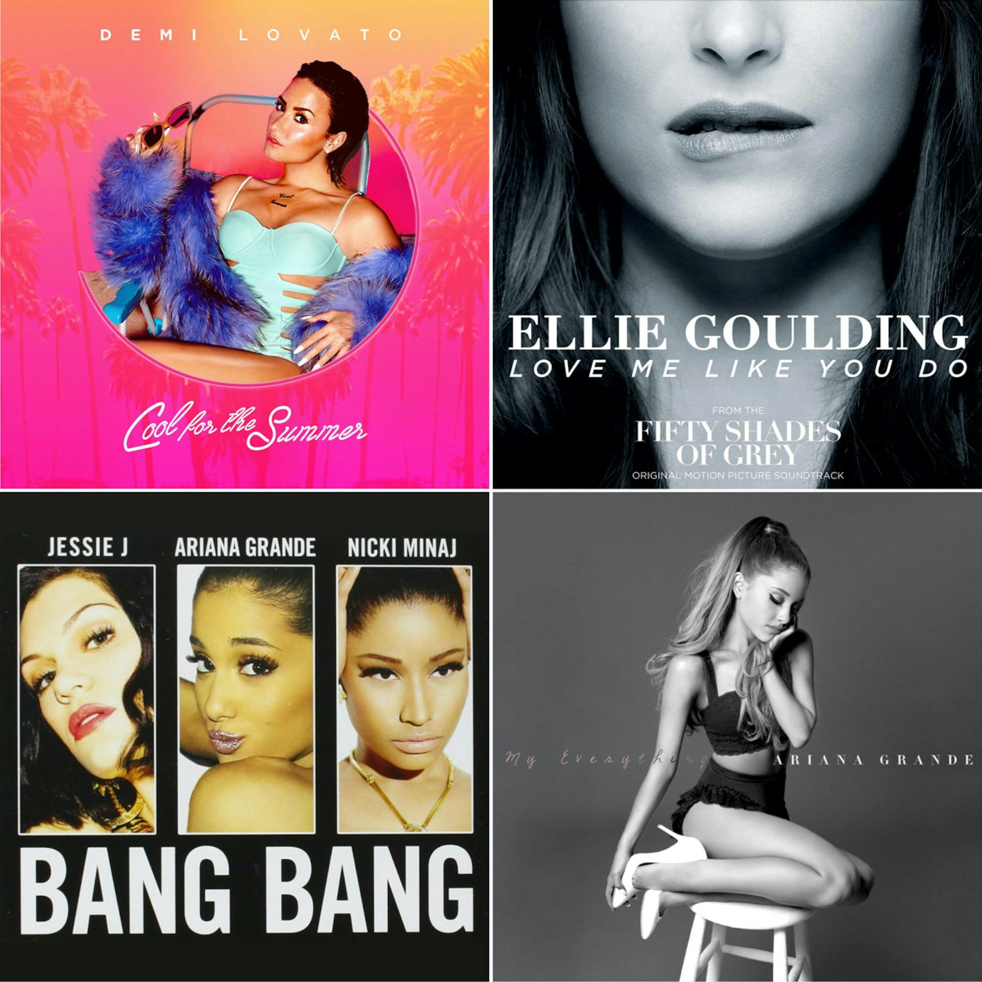 From top left to bottom right: Album or single covers for “Cool for the Summer” by Demi Lovato, “Love Me Like You Do” by Ellie Goulding, “Bang Bang” by Jessie J, Ariana Grande, and Nicki Minaj, and My Everything by Ariana Grande