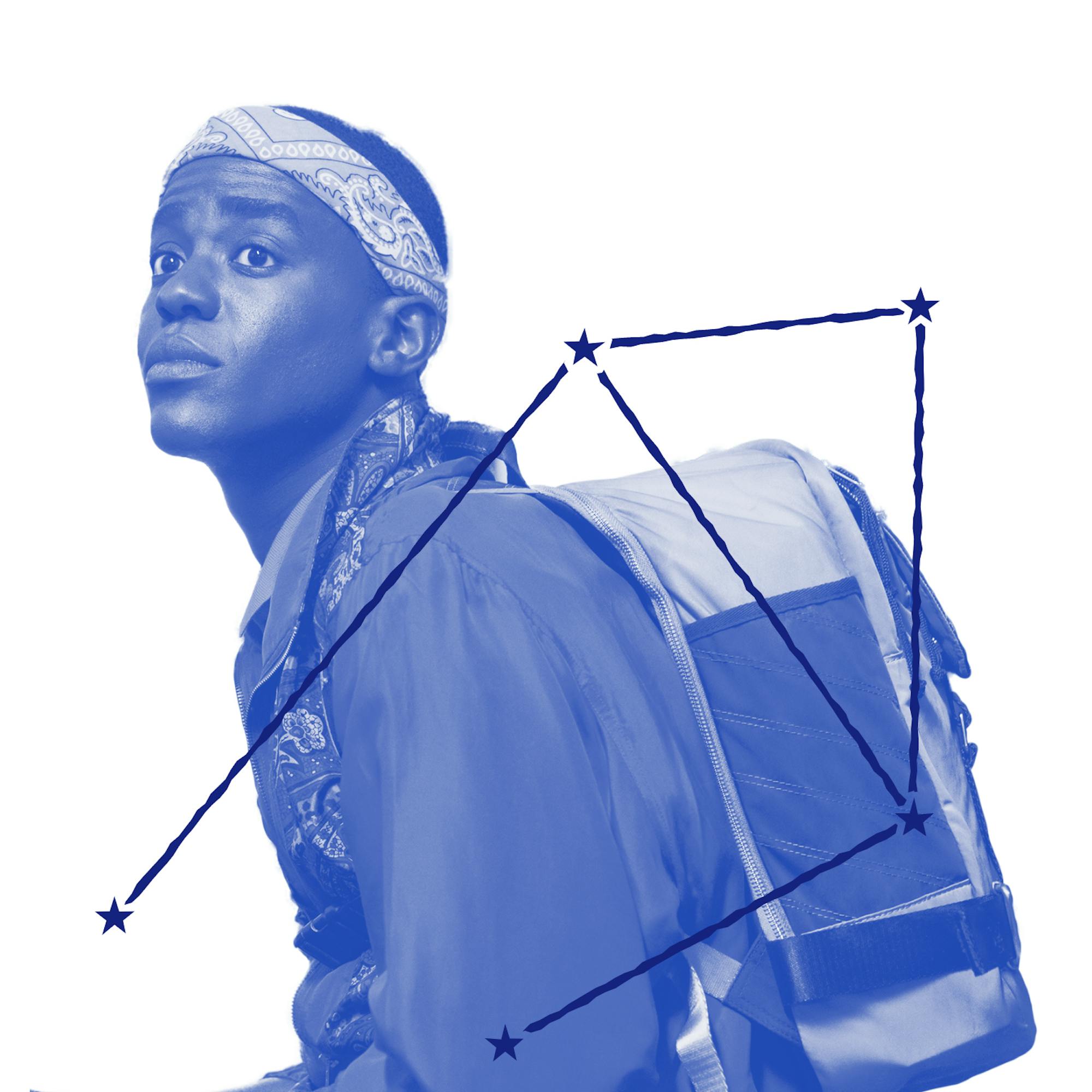  Eric Effiong (played by Ncuti Gatwa) is fabulous in a paisley bandana in this still from Sex Education. Only Eric can make a school backpack into a fashion statement. Over the image is an illustration of Eric’s zodiac constellation.