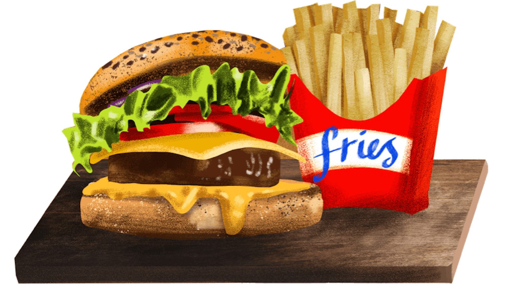 A delicious melted cheese burger (complete with tomato, lettuce, and onion) sits in a seeded bun. To its left are some fries, in a red contained with blue writing that reads: ‘fries.’
