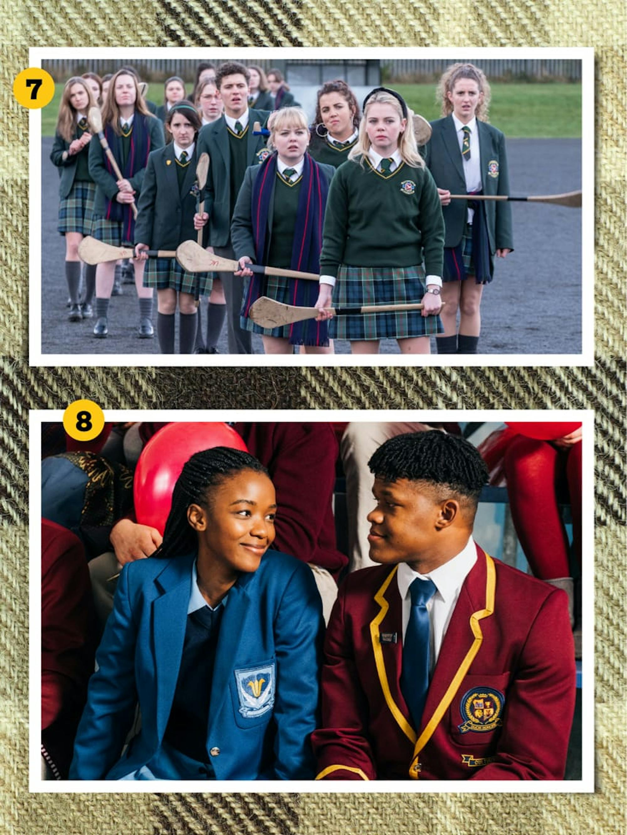 Top image: Saoirse-Monica Jackson, Nicola Coughlan, Jamie-Lee O’Donnell, Dylan Llewellyn, and the field hockey team from Derry Girls stand in a group holding their field hockey sticks and looking concerned. They wear dark green jumpers over white collared shirts with little green ties tucked in. Most wear green plaid skirts with black knee-socks and black shoes as well. Bottom image: Ama Qamata and Dillon Windvogel from Blood & Water sit close together on bleachers, wearing uniforms. Ama’s includes a blue blazer with a yellow crest and Dillon’s has a red blazer, with gold details and crest, and a blue tie. Ama is smiling at her friend.