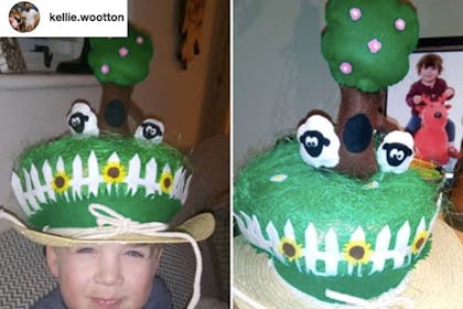 Easter bonnet with trees flowers and sheep on it