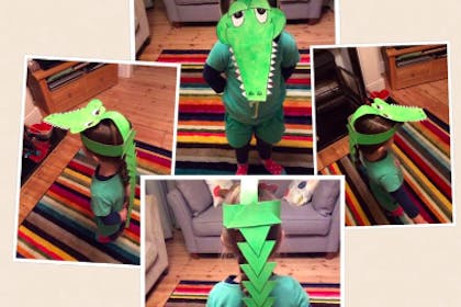 Kid wearing The Enormous Crocodile head costume, shown from four different angles