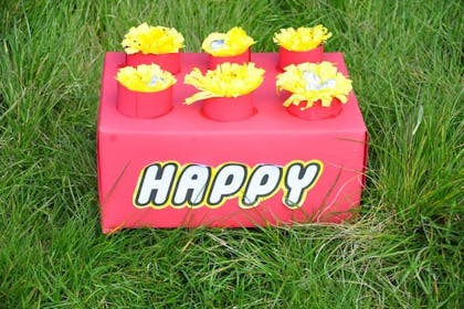 Easter bonnet made to look like piece of lego