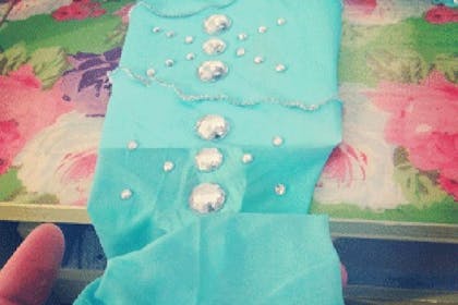 Jewels on blue sleeve for Frozen party dress