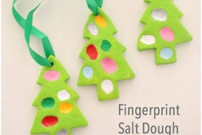 salt dough christmas trees with fingerprint baubles