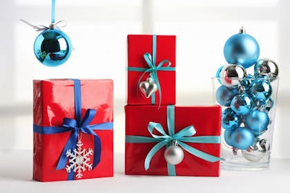 Red and blue Christmas gift wrapping and baubles