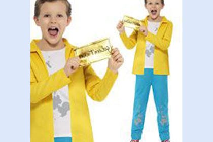 Charlie Bucket costume holding golden ticket from Willy Wonka