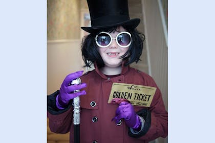 Willy Wonka costume with top hat, glasses and golden ticket