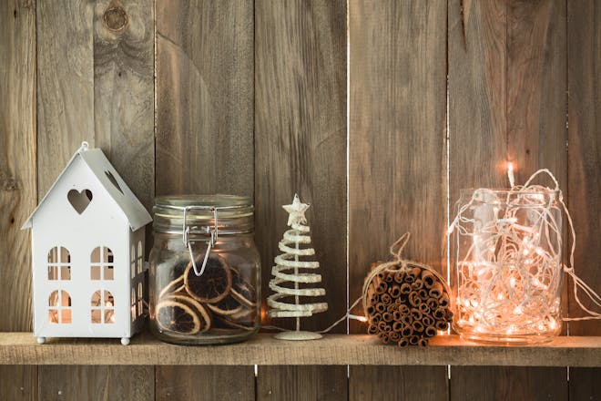 fairy lights in a jar and other christmas decorations