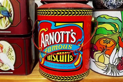 Retro biscuit tins on a shelf 