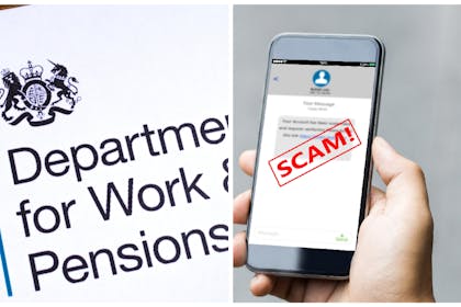 Left: DWP letterheadRight: A scam text on a phone 