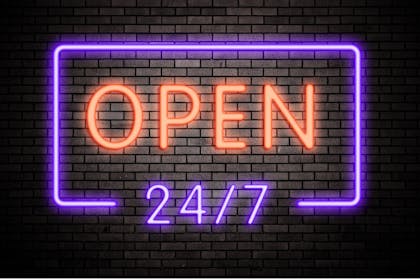 Neon sign reading open 24/7