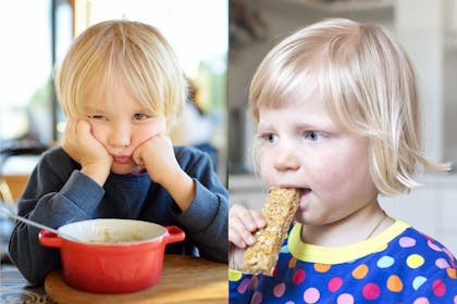 Bored child with food, young girl eating cereal bar