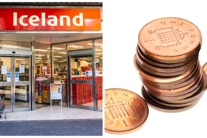 Left: an Iceland supermarketRight: a pile of one pence pieces 