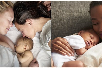 Two mothers sleeping in bed with baby | Woman asleep on sofa holding sleeping baby
