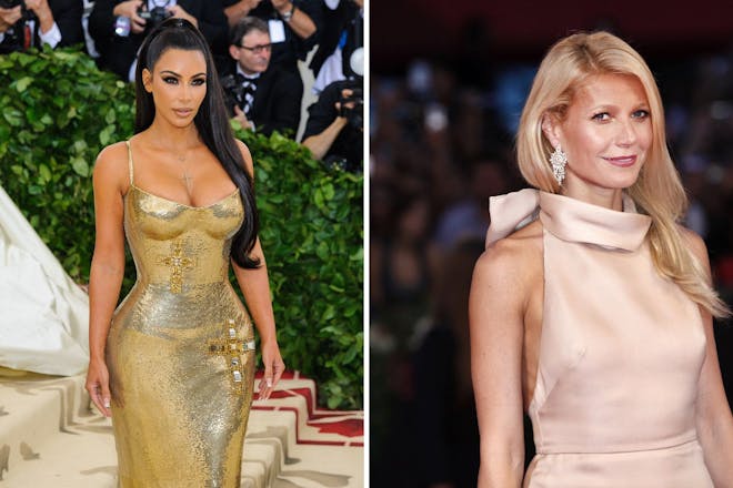 Kim Kardashian in a gold figure-hugging dress / Gwyneth Paltrow in a peach dress