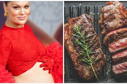 Jessie J in red top with hand on baby bump | Steak on a griddle pan