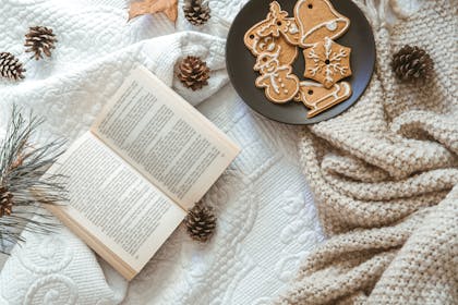 Christmas cookies on a plate next to a book and blankets 