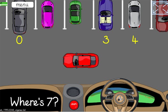 Counting cars game showing animated cars and numbers in a car park