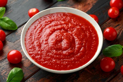 Bowl of tomato puree on wooden table