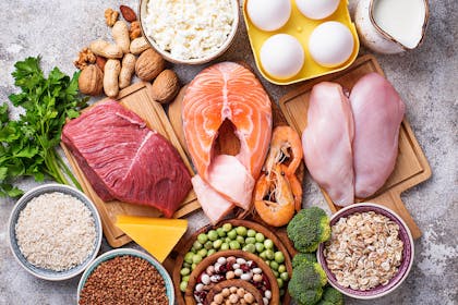 Meat, fish, eggs, milk, grains, peas, nuts, beans and other types of healthy protein