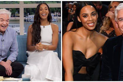 Rochelle Humes and Phillip Schofield on This Morning sofa | Rochelle Humes and Phillip Schofield smile at camera