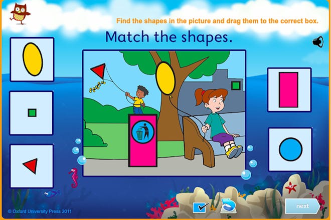 Screen from Match the Shapes picture of girl with balloon and boy with kite