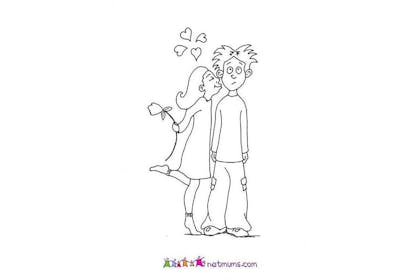 Colouring in drawing of girl kissing boy on cheek