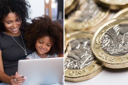 Mum and daughter on laptop / British pounds