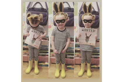 Little girl dressed as Ralfy Rabbit from Wanted for World Book Day
