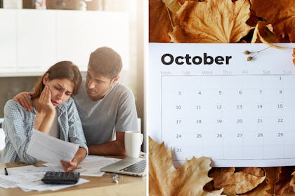 Worried couple with bills/ october calendar