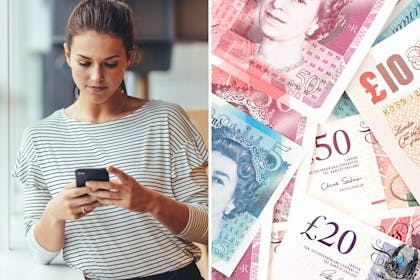 Woman checking phone and UK bank notes