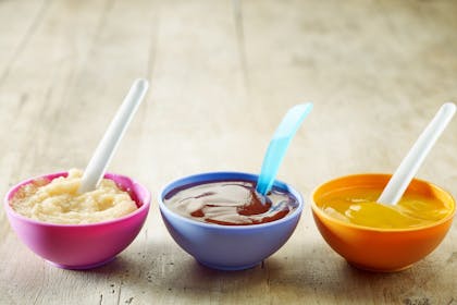 pureed food in colourful bowls