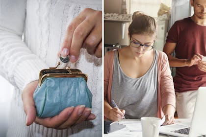 woman putting money in purse/ couple looking at household bills
