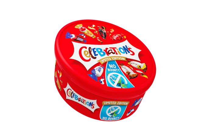 A tub of Celebrations chocolates without Bounty bars 