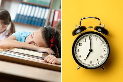school pupil asleep on desk / clock