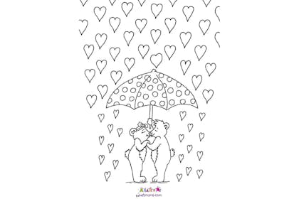 Colouring in drawing of two bears kissing under umbrella and shower of love hearts