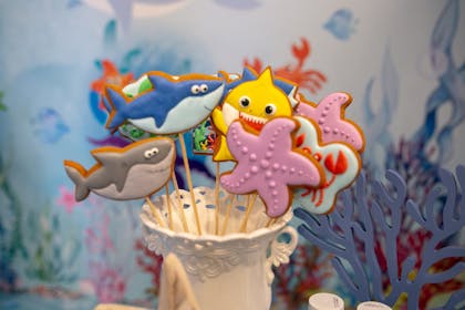 Sealife biscuits decorated to look like sharks, star fish and crabs