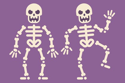 Two cut out skeletons on purple background
