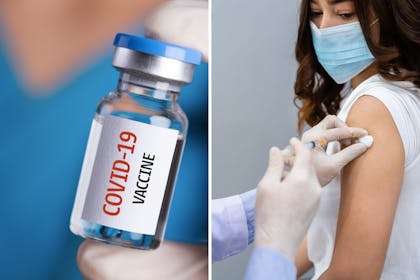 Left: covid vaccineRight: Woman's arm with needle