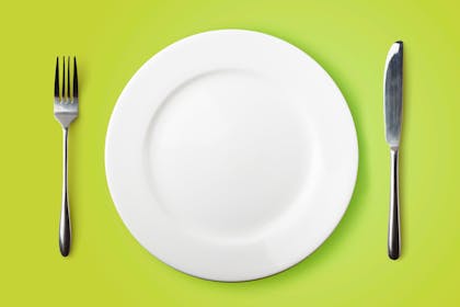 Knife and fork and white plate