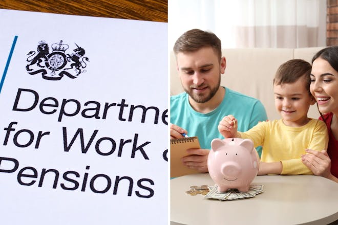 Department for Work and Pensions letter / Family putting money in a pink piggybank