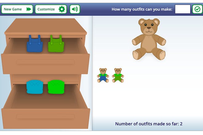 Bobbie bear maths game showing chest of drawers with four pieces of clothing to dress Bobbie with