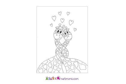 Colouring in drawing of two giraffes in love
