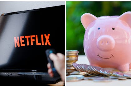 Left: Netflix on a TV screenRight: a piggy bank surrounded by coins 